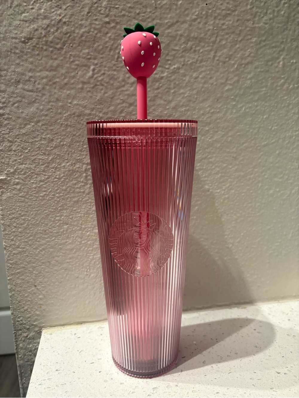 Starbucks Pink Ribbed Tumbler with Strawberry Stirrer